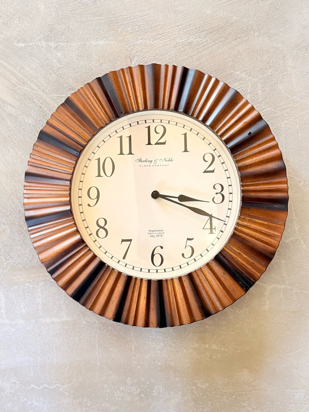 Sterling & Noble Wall Clock 15.5" Ripple Pleated Frame Wood Grain Quartz. Great!